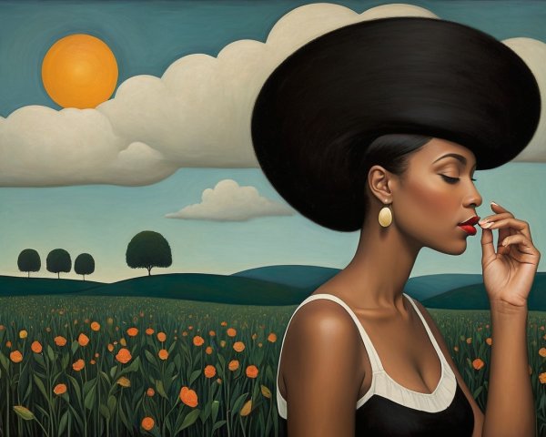 Woman with large hairstyle in vibrant flower field