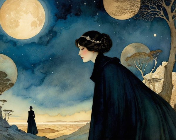 Dreamlike Landscape with Woman in Black Cloak