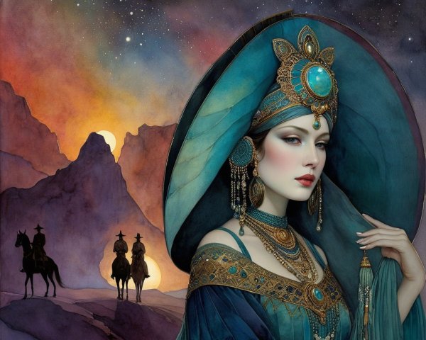 Majestic Woman in Deep Blue Attire against Celestial Scene