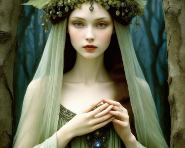Woman in Leaf Crown and Green Gown by Tree Trunks
