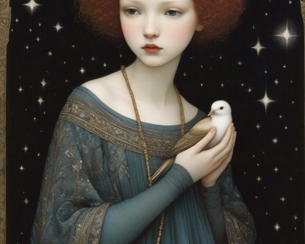 Young girl with red hair and bird in starry night