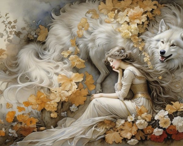 Serene Woman and White Wolf Among Golden Flowers