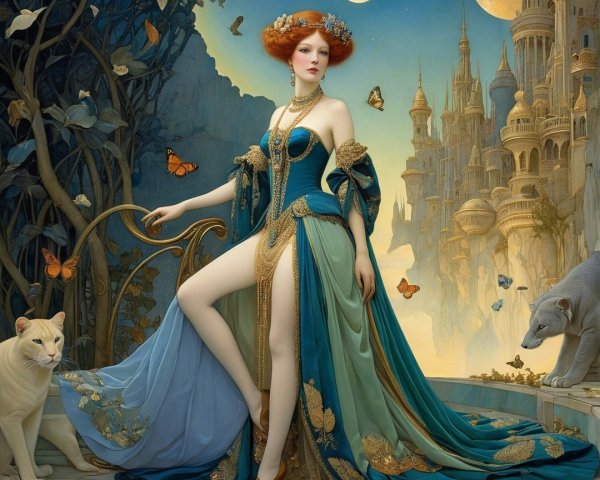 Elegant figure in gown amidst butterflies and castles