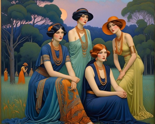 Vintage Elegance of Four Women in Flowing Robes