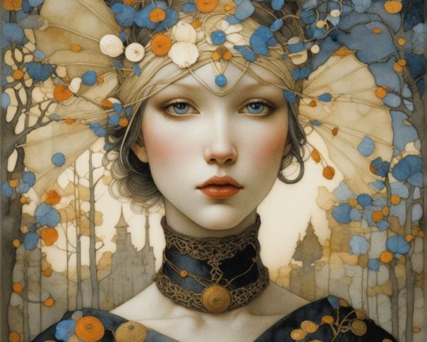 Serene Female Figure Amid Whimsical Trees and Buildings