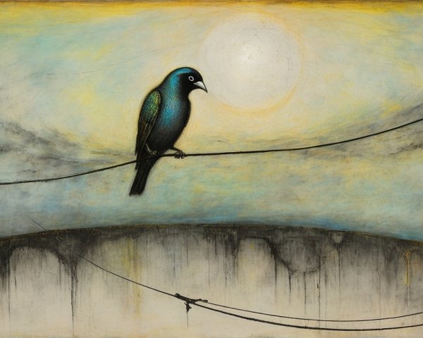 Solitary Bird on Wire with Muted Sky Colors