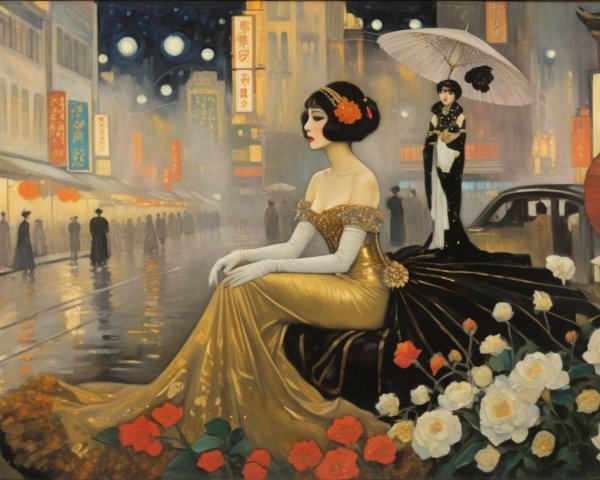 Glamorous Nighttime Street Scene in Vintage Tokyo