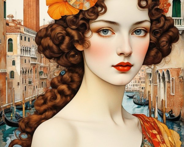 Stylized woman with floral hair in Venice canal scene