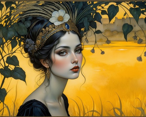 Portrait of a Young Woman with Black Hair and Crown
