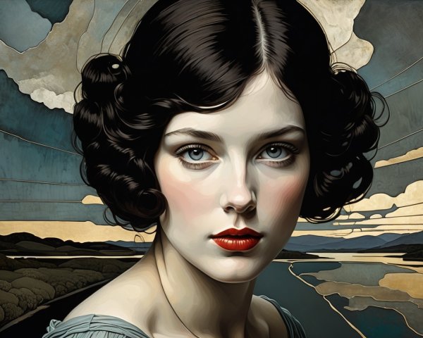 Young woman in light blue dress with stylized landscape