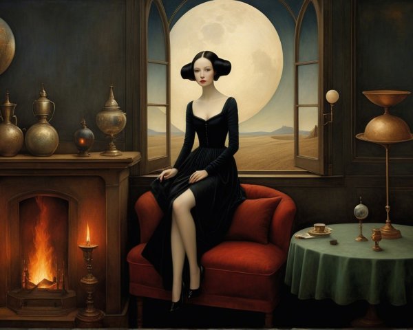 Mysterious Woman in Black Dress in Enchanting Room