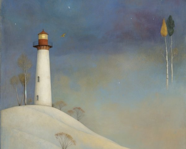 Serene Winter Landscape with Lighthouse and Deer