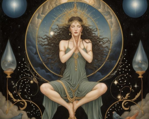 Serene Woman in Green Gown Against Celestial Backdrop