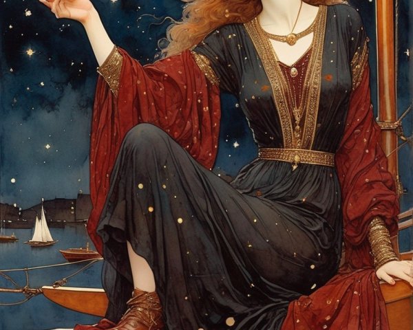 Illustrated woman in dark dress touches full moon on wooden beam.