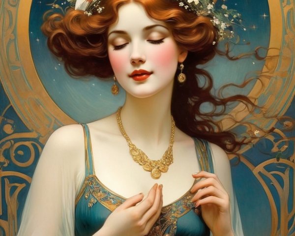 Serene Woman in Teal Gown Against Starry Night