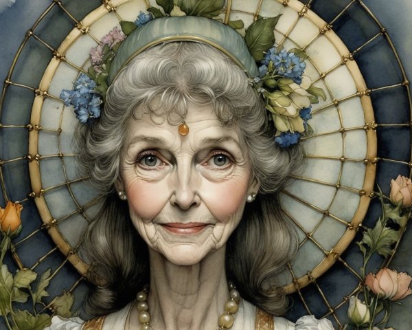 Elderly Woman Surrounded by Floral Stained Glass Design