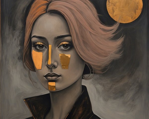 Portrait of a Woman with Pink Hair and Golden Accents