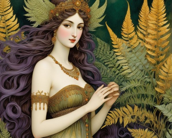 Painting of a woman with purple hair and ferns