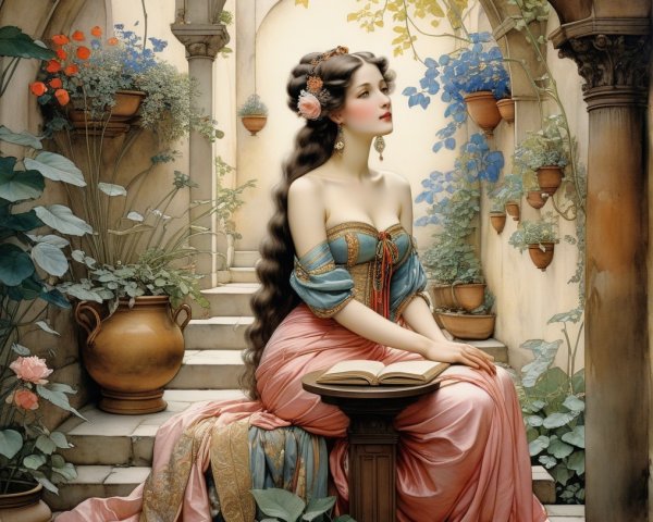 Serene Woman in Enchanting Garden with Vibrant Flowers