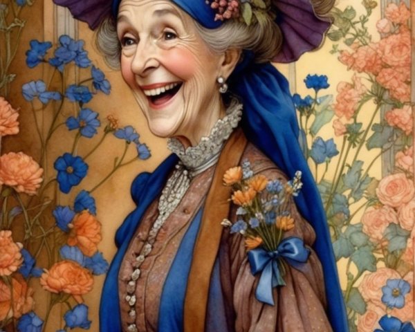 Elderly woman in colorful dress with floral headdress