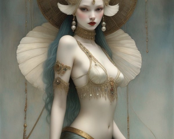 Ethereal female figure with blue hair in gold jewelry and horned headdress.