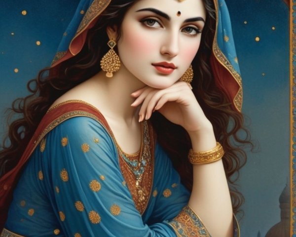 Woman in Vibrant Traditional Attire Against Night Sky