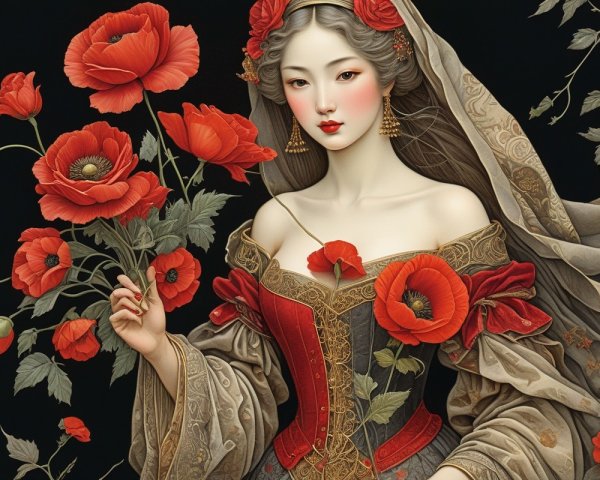 Illustration of Woman in Traditional Outfit with Poppies