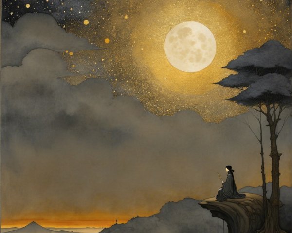 Cliffside Figure Observing Moonlit Night Sky
