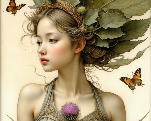 Young woman with thistle flower and butterflies