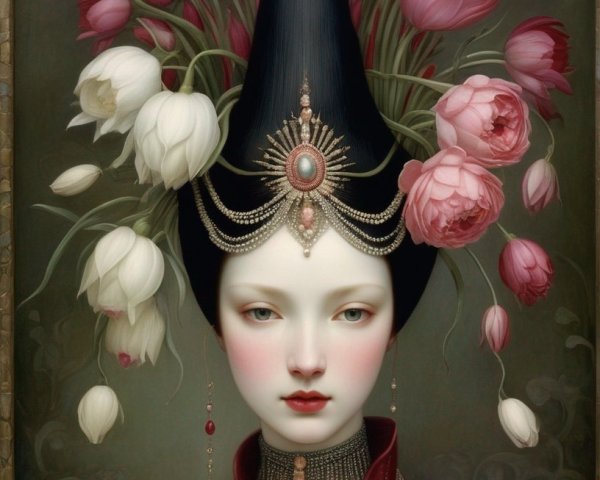 Elegant figure with floral headdress and luxurious attire