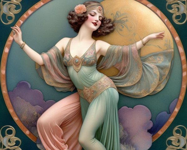 Art Nouveau Illustration of Dancing Woman with Border
