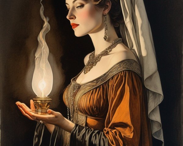 Regal woman in jeweled crown and medieval attire holding a flame