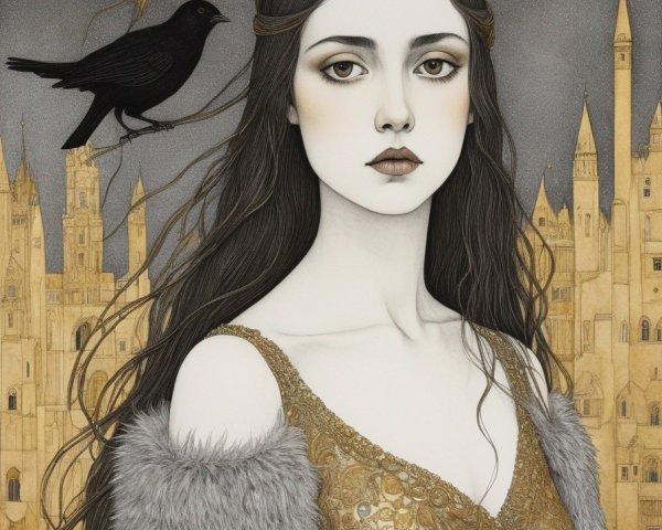 Solemn Woman in Medieval Dress with Raven and Castle