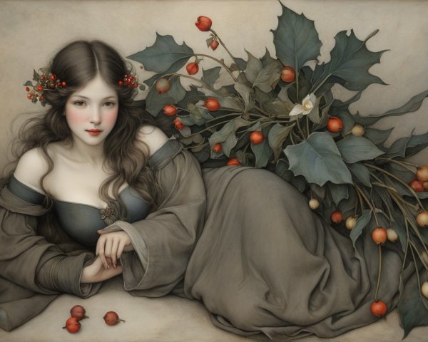 Serene Young Woman in Floral Crown Amidst Nature