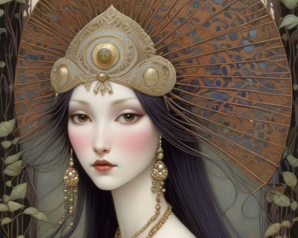 Detailed illustration of female figure with ornate headdress and jewelry