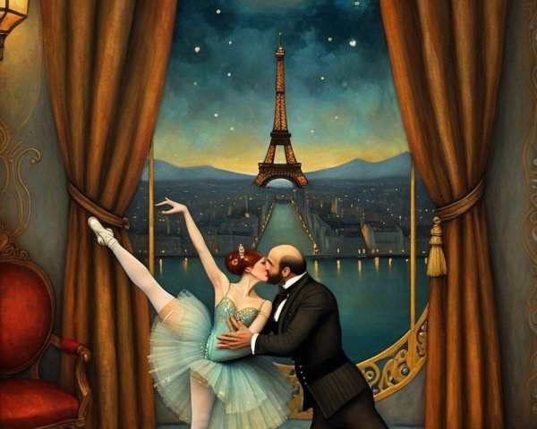 Ballerina and Tuxedo Dancer Under Moonlit Eiffel Tower