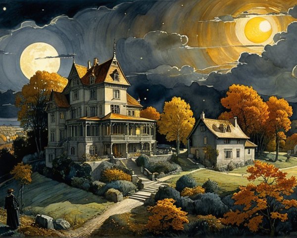 Victorian Mansion Under Moony Night Sky with Foliage