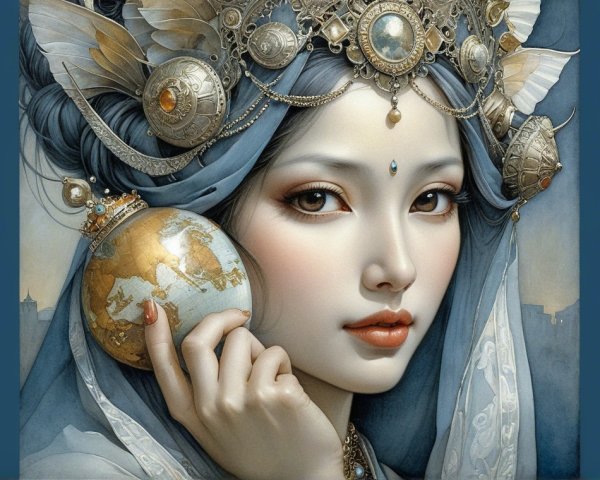 Serene Woman with Blue Hair and Globe in Ethereal Light