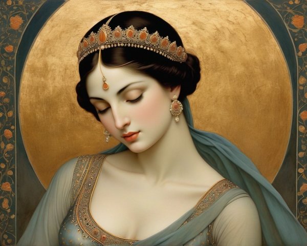 Graceful Woman with Crown and Ethereal Gown