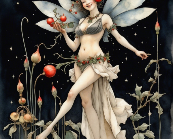 Whimsical fairy with translucent wings in a garden