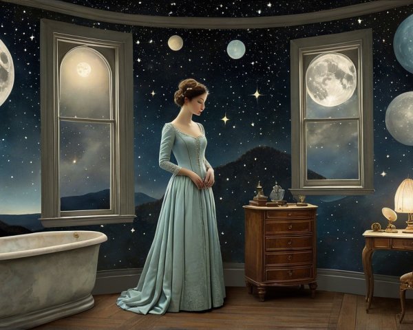 Serene Room with Young Woman in Flowing Blue Gown