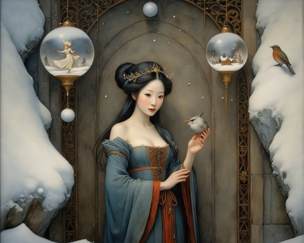 Winter Scene with Woman in Blue Gown and Snowflakes