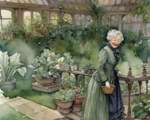 Elderly Woman in Vintage Dress in Lush Garden