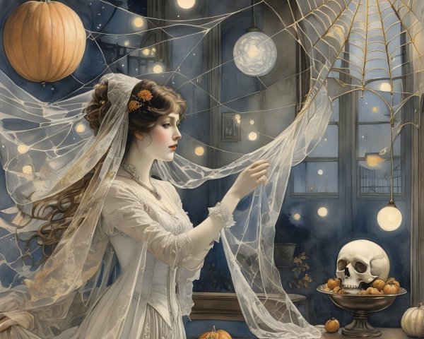 Ethereal Figure in Dimly Lit Room with Decor Elements