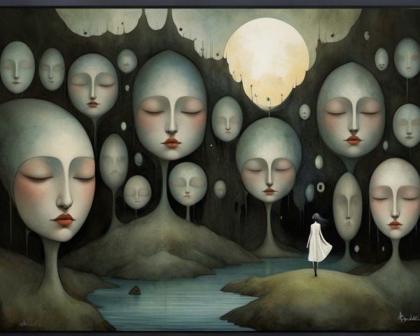 Surreal Landscape with Ghostly Figures and Moonlight