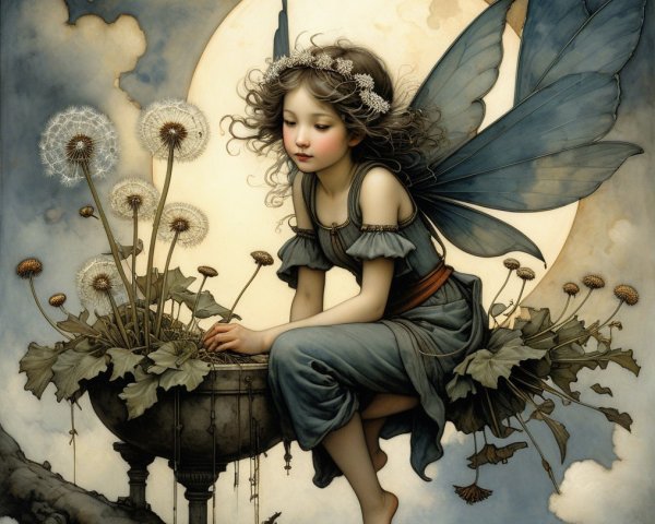 Fairy with Translucent Wings and Dandelions at Night
