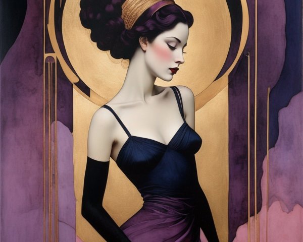 Art Deco Painting of Woman in Purple Dress with Halo