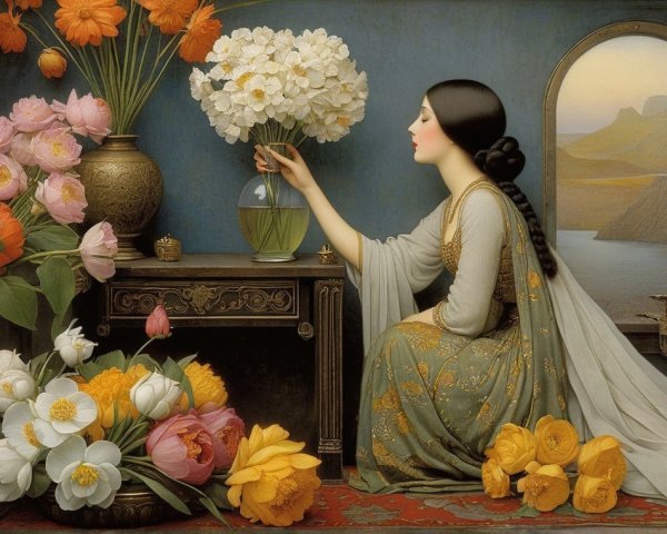 Serene Woman Arranging Vibrant Flower Bouquet