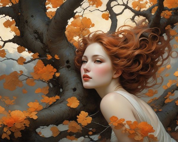 Portrait of a Young Woman with Red Hair in Autumn