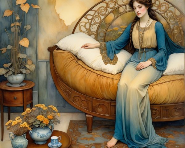 Serene Young Woman on Ornate Bed with Teacup and Flowers